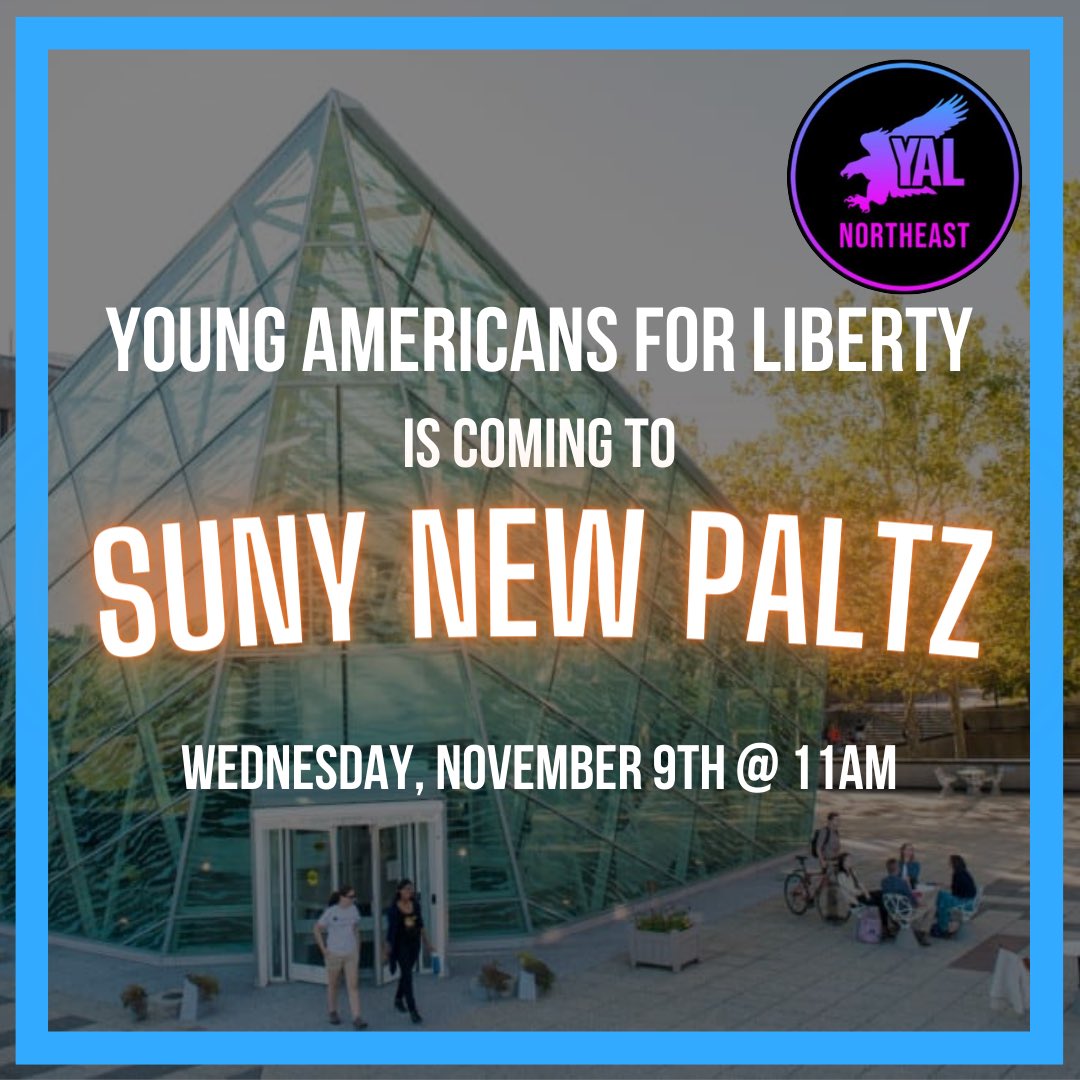YALibertyNE's tweet photo. Young Americans for Liberty will be at SUNY New Paltz this Wednesday at 11am! Come stop by to learn more about what Young Americans for Liberty has to offer!
#newpaltz #sunynewpaltz #newyork #yaliberty #liberty #freedom #college #collegecampus #campuslife #campus #event https://t.co/VG95psOOy6