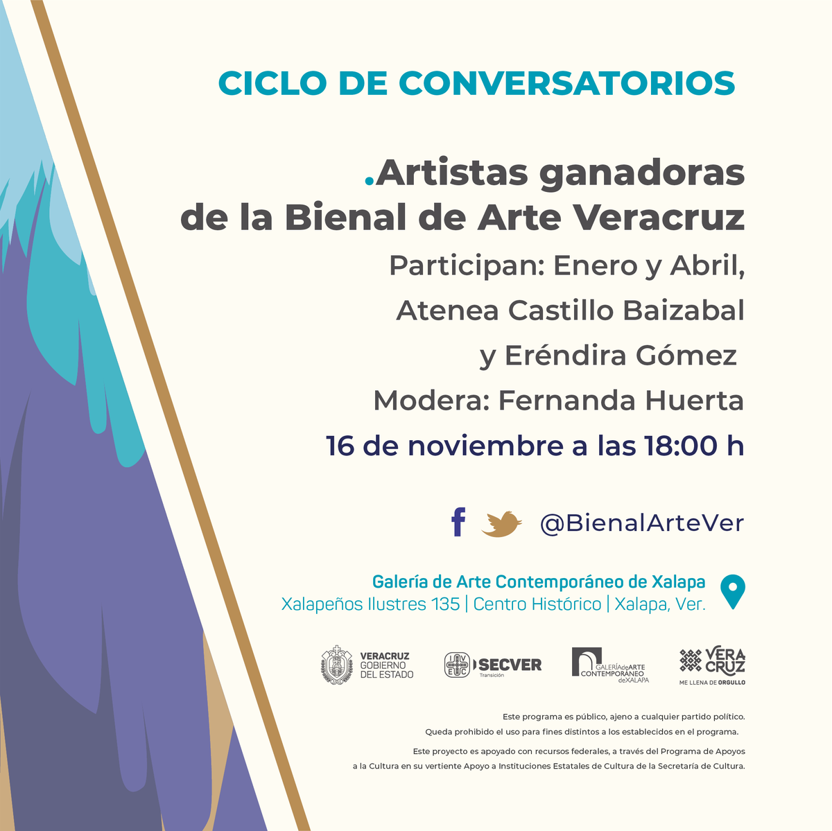 BienalArteVer's tweet photo. Dentro de la Jornada Académica de la #BienalDeArteVeracruz 2022, presentamos el conversatorio “Artistas ganadoras de la Bienal de Arte Veracruz”. Participarán Enero y Abril, Atenea Castillo y Eréndira Gómez.

🗓️16 de noviembre
🕕18:00 h
📍@GACXalapa

@cultura_mx
@VinculaCultura https://t.co/gwylhv4Cwh