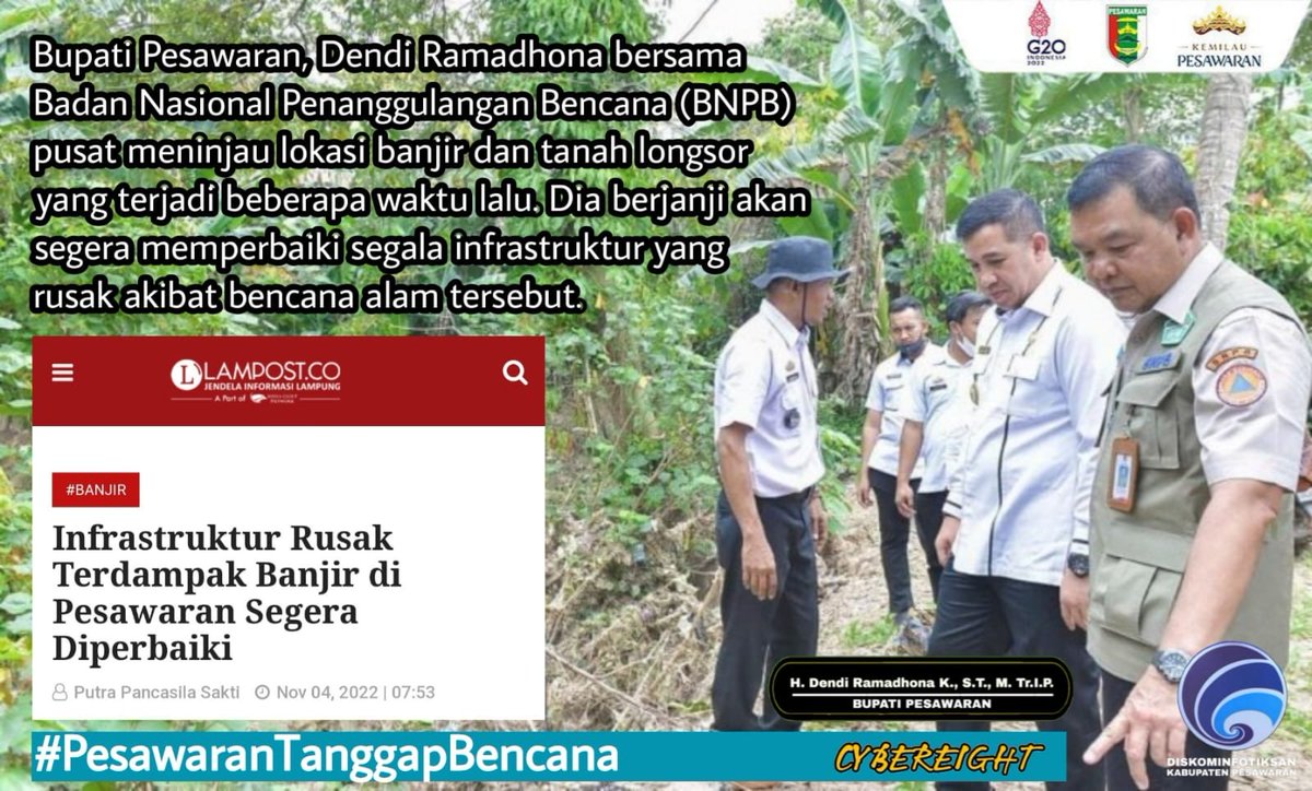 YuSumirah's tweet photo. Bupati Pesawaran, Dendi Ramadhona berjanji akan segera memperbaiki segala infrastruktur yang yg terdampak bencana banjir.

#PesawaranTanggapBencana https://t.co/NRbZWkTbnb