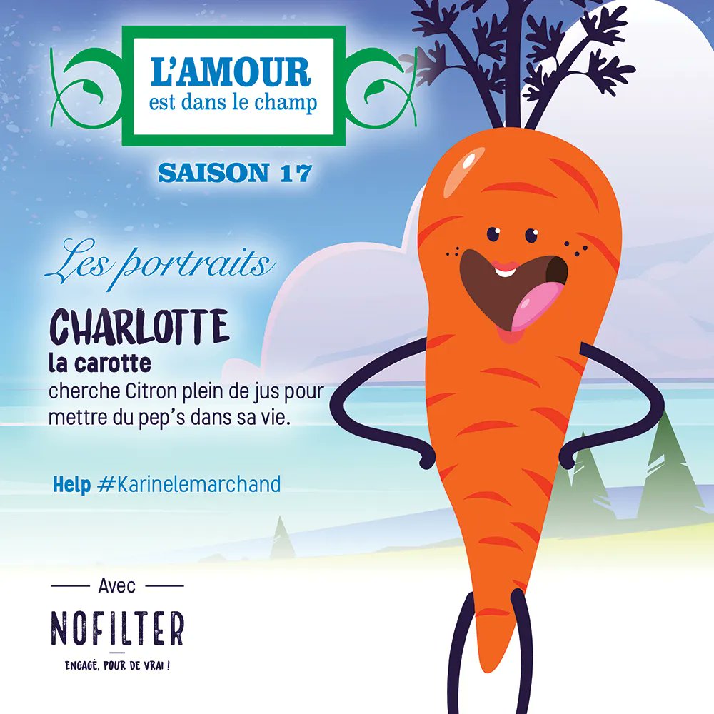 🌱 Tout comme L'Amour est dans le Pré, <a href="/NoFilterFrance/">NoFilter</a> s'engage aussi pour les #agriculteurs et cherche à marier les fruits et légumes dans ses délicieux jus ! 
❤️#help #karinelemarchand, @m6, #ADP, et vous, avec quel fruit ou légume associez-vous Charlotte la carotte ? 🥕