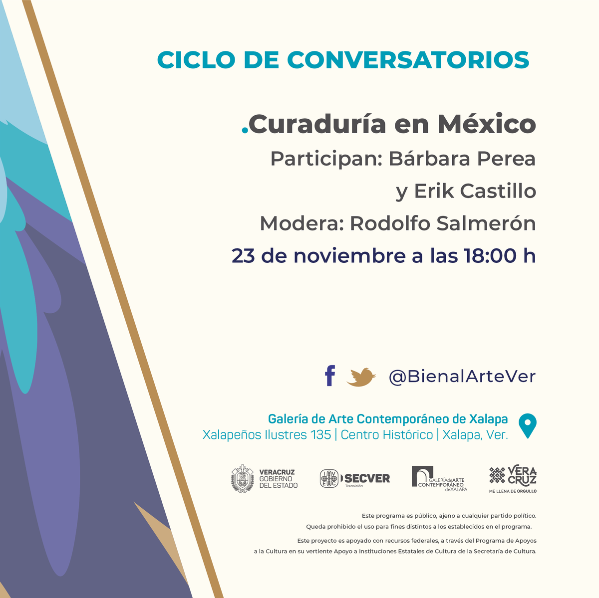 BienalArteVer's tweet photo. La curaduría en México es un tema muy extenso, por eso preparamos un conversatorio al respecto como parte de las actividades de la #BienaldeArteVeracruz 2022.
🔹 Participarán Barbara Perea y Erik Castillo.

🗓️23 noviembre
🕕18:00 h
📍@GACXalapa 

@cultura_mx 
@VinculaCultura https://t.co/M40QqqDLEW