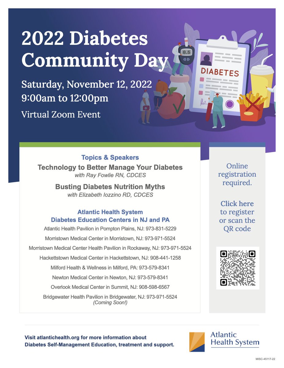 Register to join Certified Diabetes Care and Education Specialists this week in two exclusive Zoom events, as Morristown recognizes National Diabetes Month
