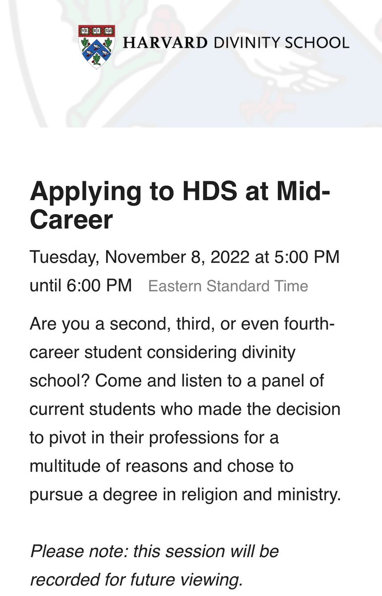 HarvardRPL's tweet photo. Applying to @HarvardDivinity at Mid-Career
Tomorrow, 11/8 at 5 - 6 PM (ET)
https://t.co/eph8Z0rtia
#divinityschool #midcareerpivot #religionandpubliclife #religiousliteracy https://t.co/daoFXqDZTk
