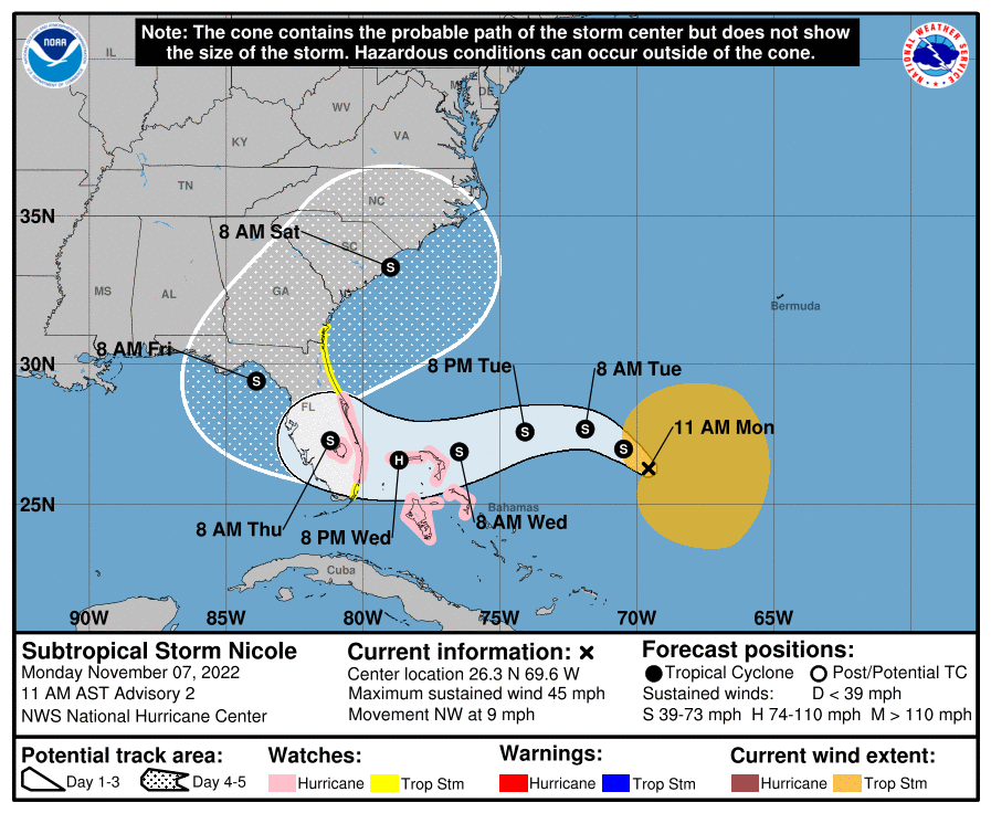 La tempête subtropicale #Nicole est née aujourd'hui à l'est des Bahamas et devrait s'intensifier progressivement en gagnant vers l'ouest au fil des jours. 