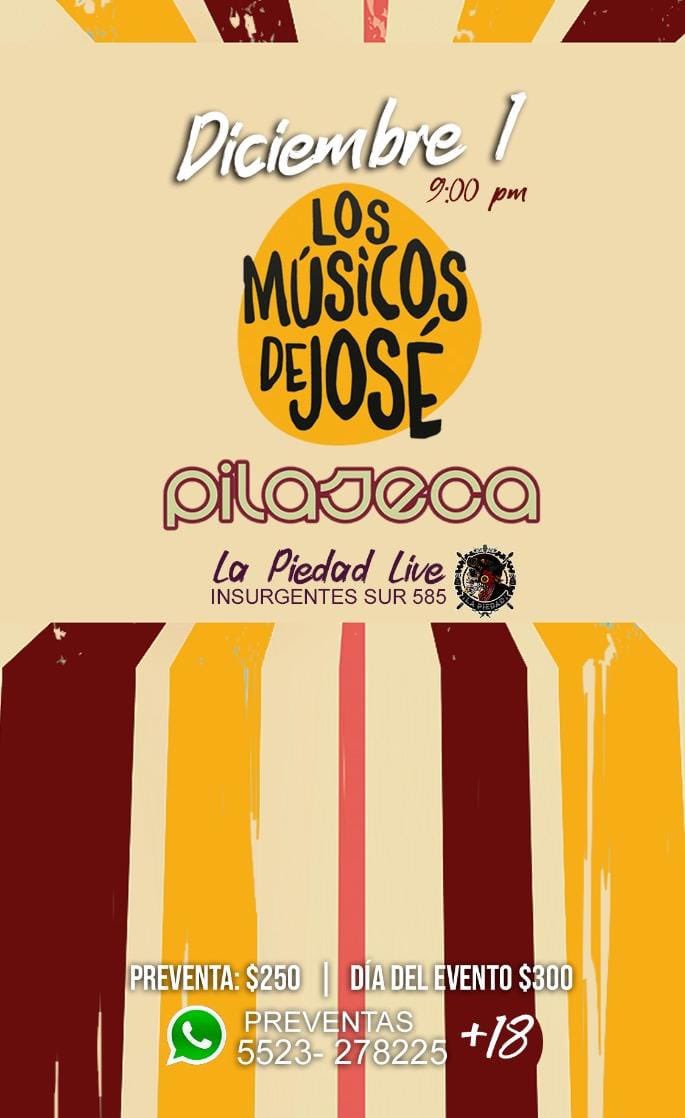 pilasecaband's tweet photo. Cerramos el año en CDMX compartiendo nuevamente escenario con nuestros queridos @musicosdejose en el nuevo foro La Piedad Live Music ! Ya pueden comprar sus accesos y reservaciones. #funkynights #cdmx #pilaseca #LosMusicosDeJose https://t.co/8AF0IxXy3A