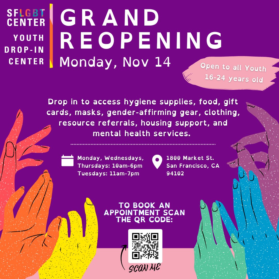 Our youth drop-in space is BACK—help us spread the word. 🗣 Beginning next Monday, Nov 14 at 10 am PT, all youth ages 16-24 can stop by our drop-in space to access hygiene supplies, food, gender-affirming gear, clothing, housing support, mental health services, and more! 🏳️‍🌈🏳️‍⚧