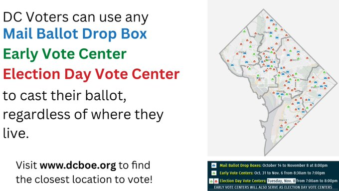 ChmnMendelson's tweet photo. GET OUT AND VOTE!

Tuesday is Election Day but District residents can vote RIGHT NOW by dropping mail-in ballots at any drop box location (https://t.co/6SDCERBoMy)

You can also find Drop Boxes &amp; Vote Centers near you on the map at https://t.co/RwqfqyfurL!

Make your voice heard! https://t.co/amtiUxDwF3
