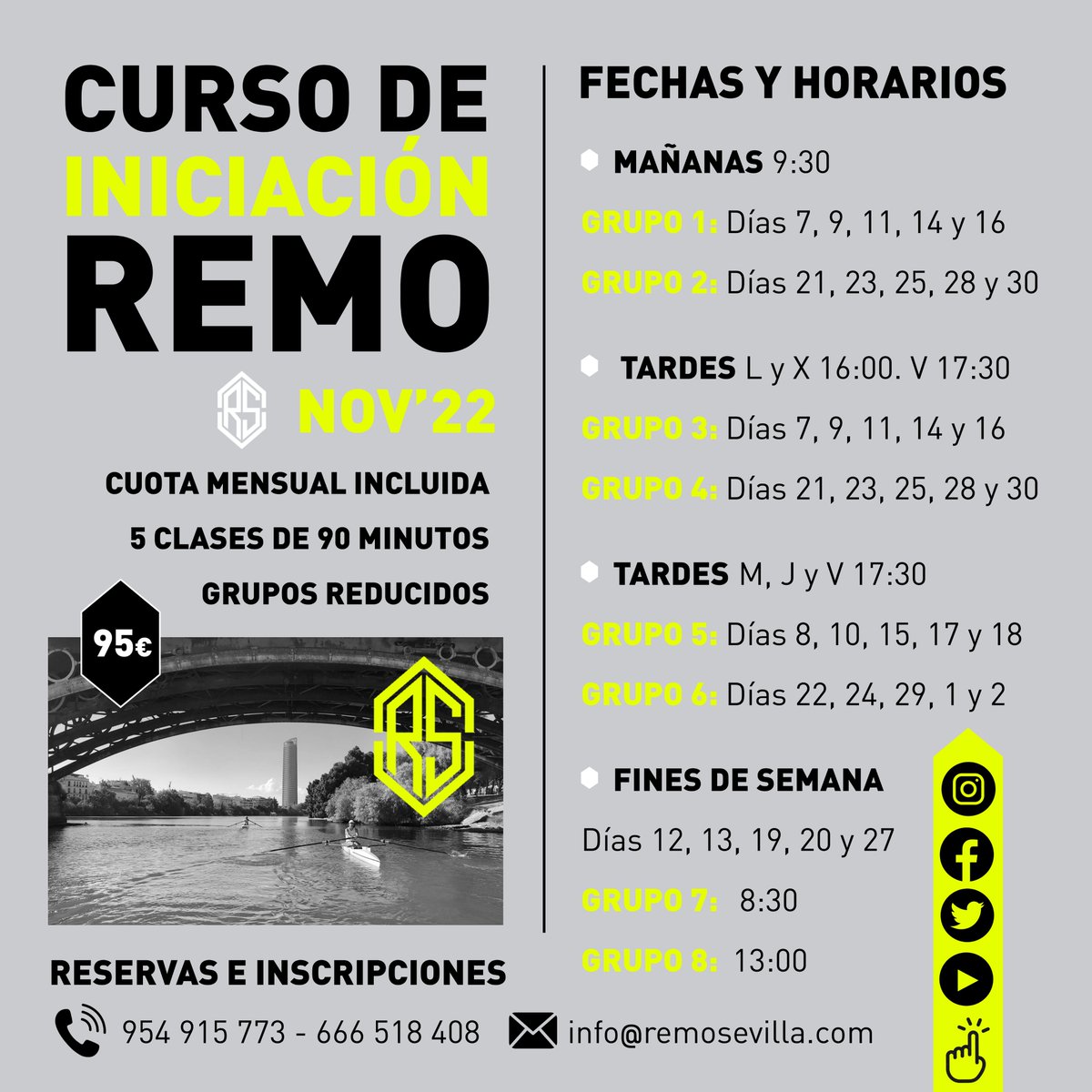 Os recordamos que tenemos el plazo abierto para los Cursos de Iniciación al remo del mes de noviembre.
¡No te quedes sin tu plaza!

 #sevilla #guadalquivir #sevillahoy #andalucia #equipo #motivacion #esfuerzo #cursos #remo #entrenamiento #deporte #naturaleza