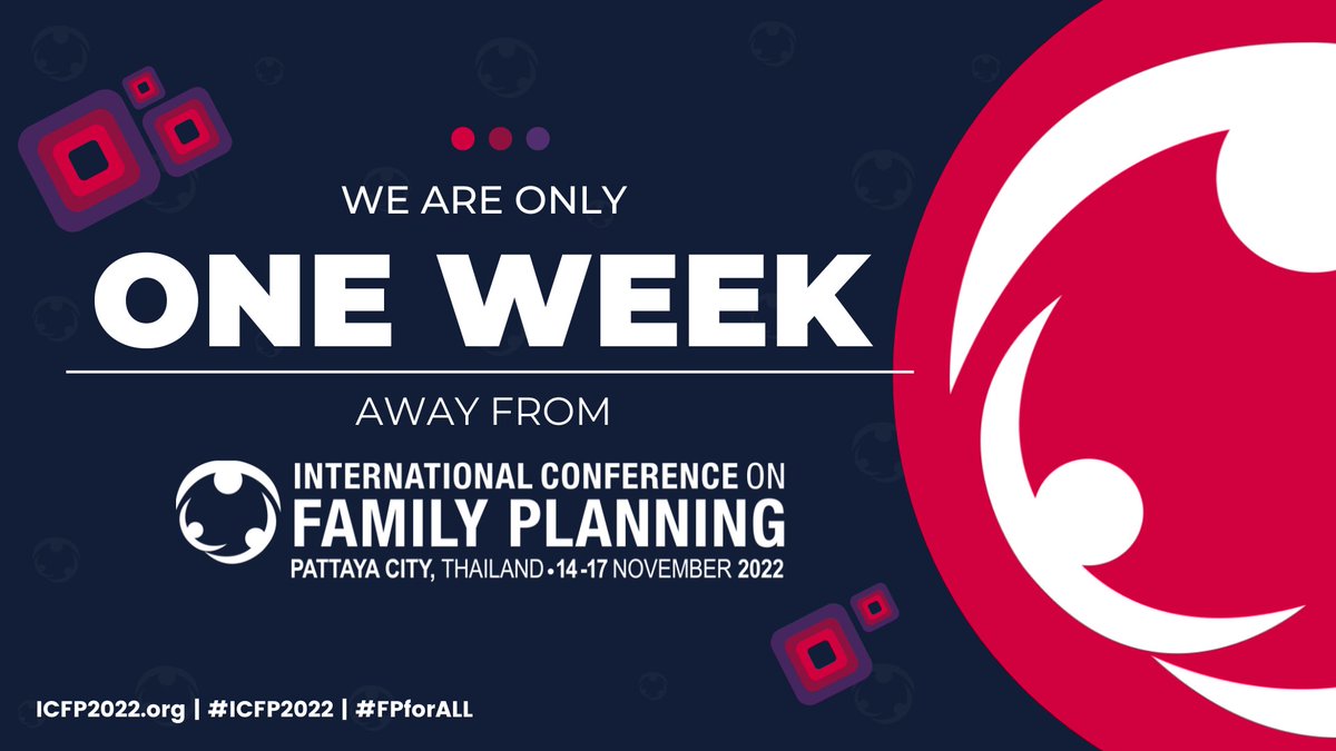 🚨 🎉 We are just ONE WEEK away from the sixth International Conference on Family Planning! 

Whether in person or virtually, we cannot wait to see you to innovate, collaborate, and accelerate toward achieving #FamilyPlanning for all. 

Visit ICFP2022.org for more.