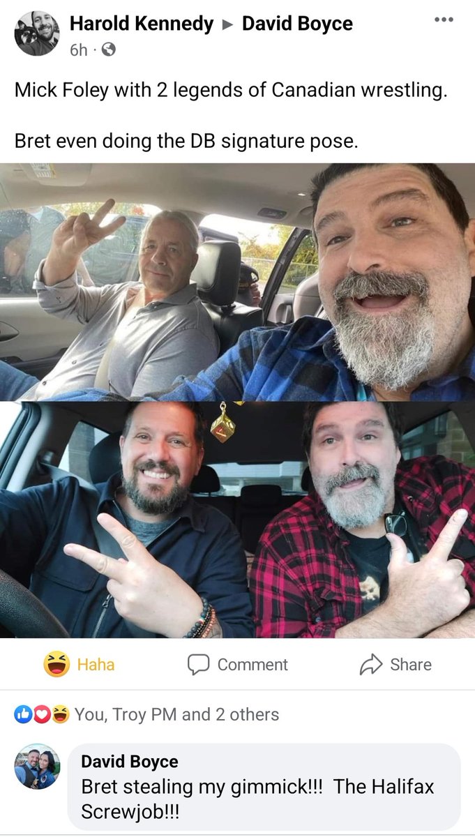 So now, we need a photo of @BretHart and myself in a car to make the complete series.  @RealMickFoley @NewScott