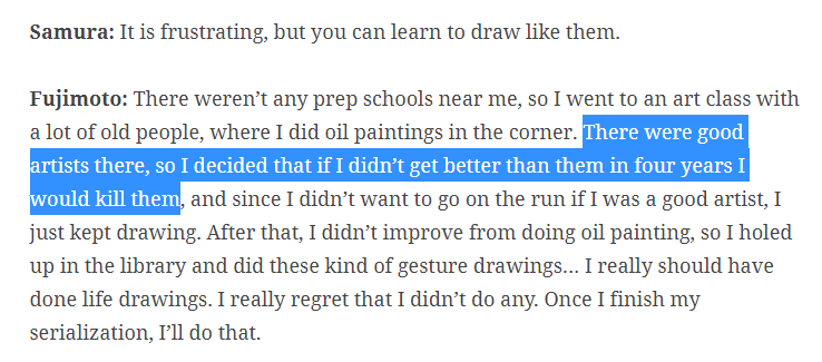 MetiNTBG's tweet photo. Fujimoto will just say out of pocket shit like this in interviews and everything he creates makes more sense https://t.co/kWKom1DmXy