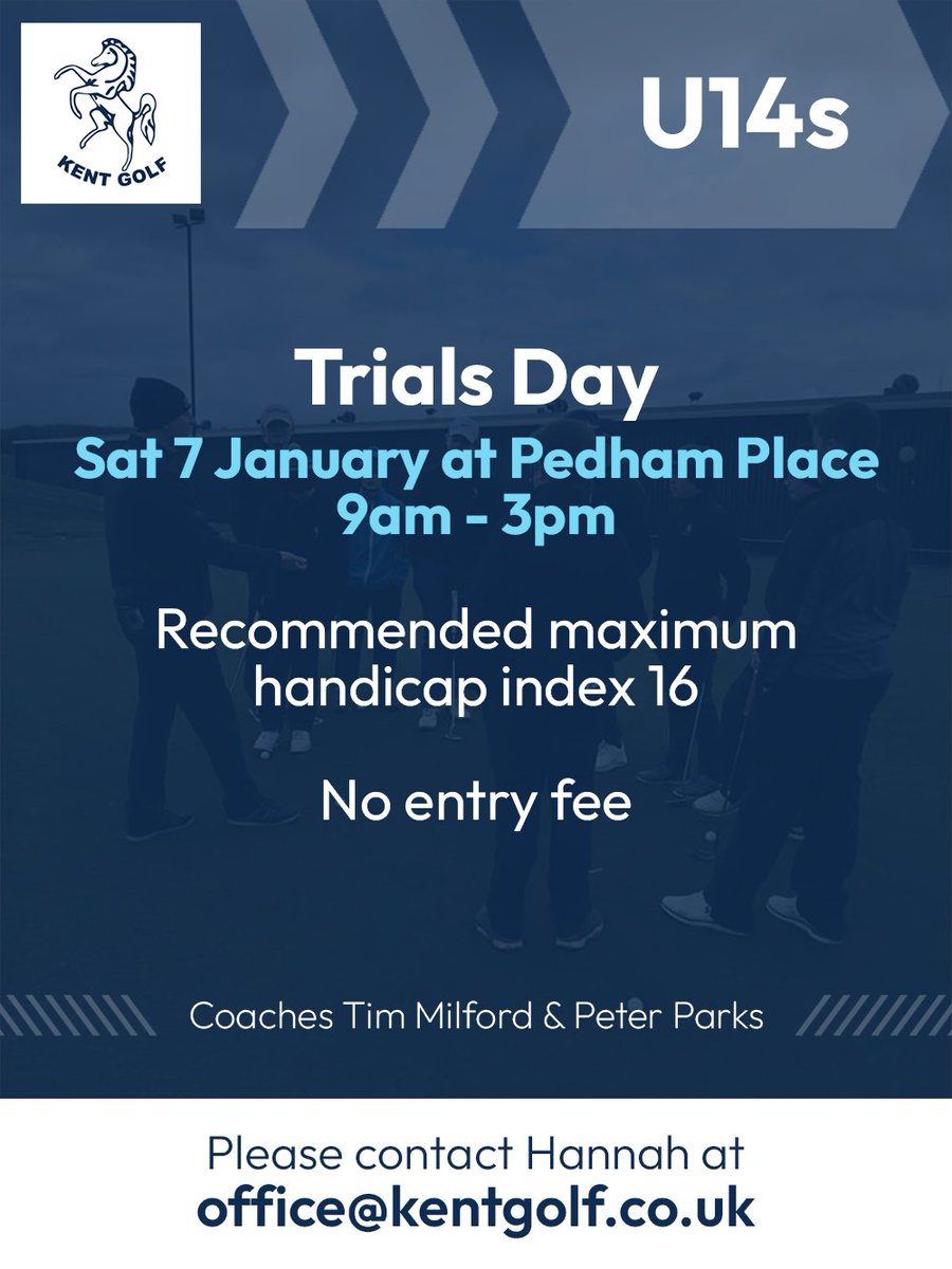 Kent Golf (@kent_golf_) on Twitter photo We are looking for the next generation of county players! The Boys Under 14s Trials Day will be held at <a href="/Pedhamplace/">Pedham Place</a> on Saturday 7 January.
Register to attend by contacting Hannah on
📧 office@kentgolf.co.uk
📞 01797 367725
#U14s #juniorgolf #boysgolf #countygolf #KentGolf We are looking for the next generation of county players! The Boys Under 14s Trials Day will be held at <a href="/Pedhamplace/">Pedham Place</a> on Saturday 7 January.
Register to attend by contacting Hannah on
📧 office@kentgolf.co.uk
📞 01797 367725
#U14s #juniorgolf #boysgolf #countygolf #KentGolf