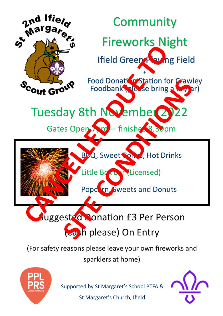 2ndIfieldScouts's tweet photo. Due to the adverse weather and flooded site we have made the difficult decision to cancel tomorrow evening's fireworks.
Apologies for the disappointment but everyone's safety is important. #scouts #SkillsForLife #fireworks2022 #goodforyou https://t.co/RvaD30BhyQ