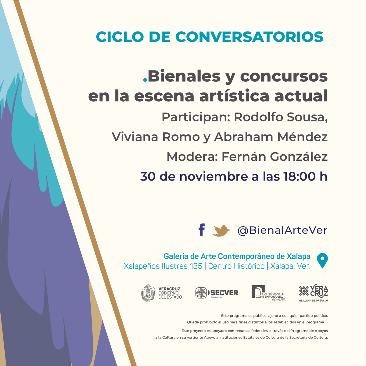 BienalArteVer's tweet photo. Las bienales han sido incentivos de producción artística y un retrato de los discursos sociales.
Invitamos a la conferencia “Bienales y concursos en la escena artística actual”. Participarán Rodolfo Sousa Ortega, Viviana Romo y Abraham Méndez.

@cultura_mx 
@VinculaCultura https://t.co/m7GCjKIU7l