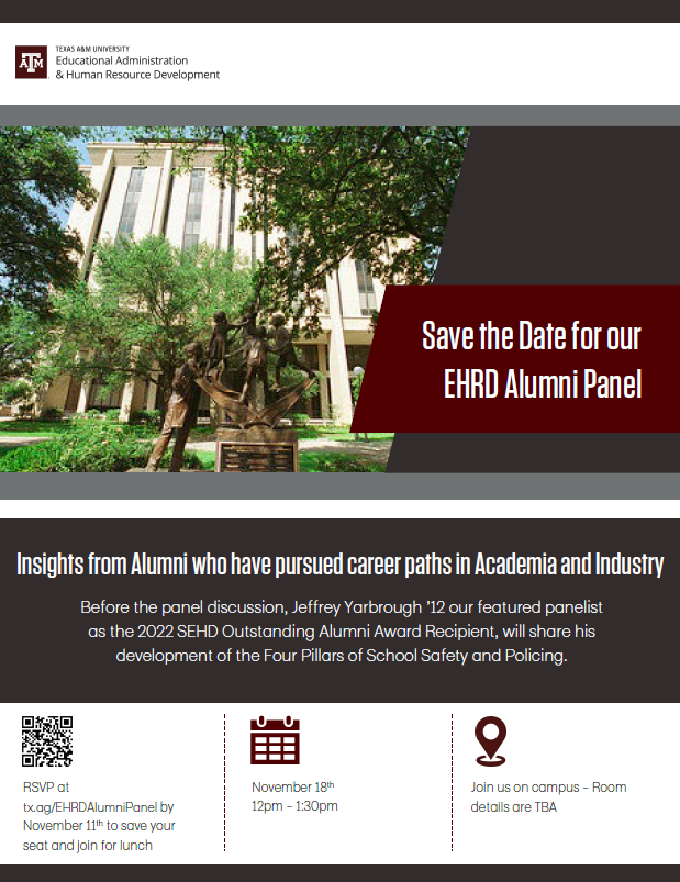 Save the Date for our EHRD Alumni Panel!

November 18th | 12pm-1:30pm | Join us on-campus, room is TBA

RSVP at tx.ag/EHRDAlumniPanel by November 11th to save your seat and join for lunch.