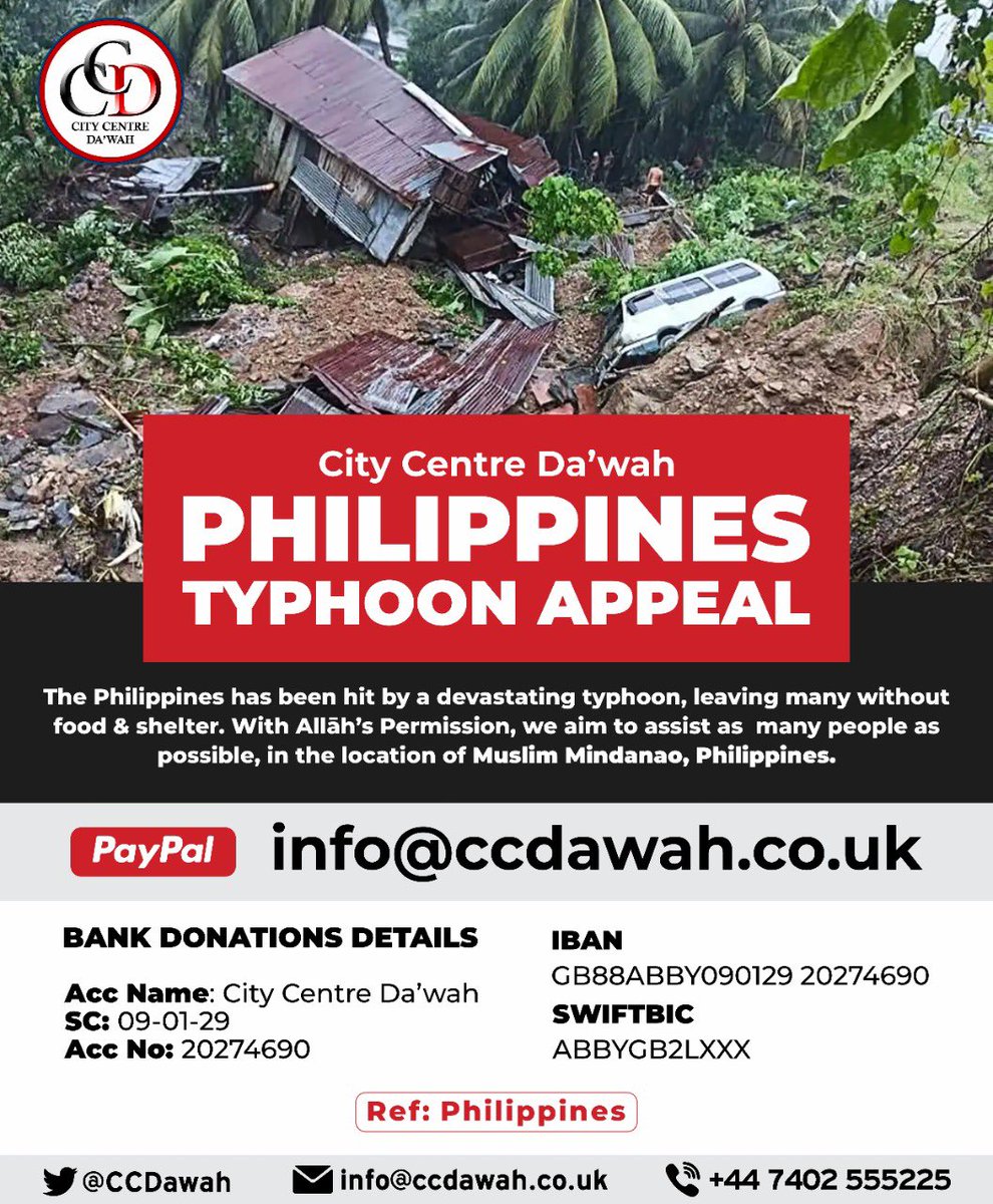 🔥PHILIPPINES
🔥TYPHOON APPEAL

We encourage those that haven’t donated towards this cause yet, to please do so asap!
The people are in desperate need of your assistance, infrastructure has been severely damaged, so there is a food shortage in the rural areas we intend to assist.