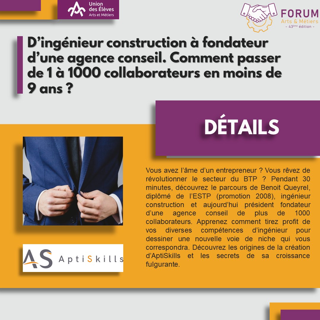[CONFÉRENCE APTISKILLS- FORUM AM 📢]

Nous avons le plaisir d'accueillir le 22 novembre au Parc Floral, Benoit Queyrel, fondateur d'AptiSkills, une société de conseil dans le domaine du BTP, de l'industrie et bientôt dans celui de l'IT. Il nous parlera d'entrepreneuriat 🎤.