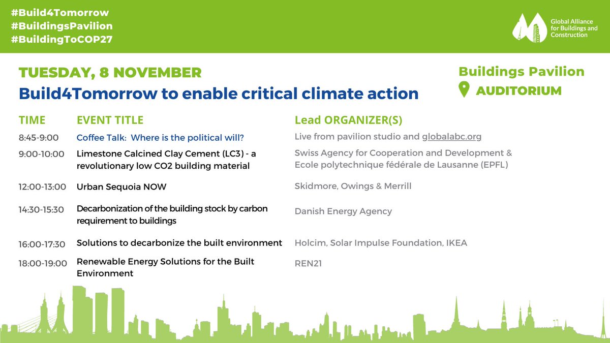 Join_GlobalABC's tweet photo. 🤔 What is happening at the #COP27 #BuildingsPavilion on 8 Nov.? 
 
📣 Events and discussions will be focused on "#Build4Tomorrow to enable critical climate action". 🏗🌱

Discover the events and more from 👉 https://t.co/qEIlrApHfb

Watch live 📺 https://t.co/T5vlZB6wST https://t.co/P4hiIvCkmr