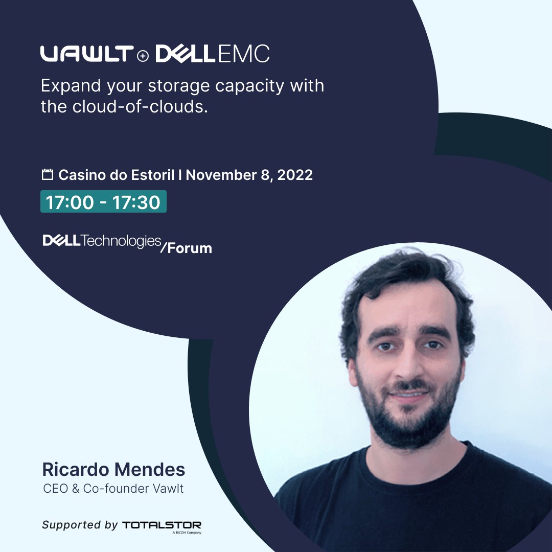 It's Tomorrow! Our CEO <a href="/rsmendes_/">Ricardo Mendes</a>  will be at <a href="/DellTech/">Dell Technologies</a>'s Forum talking about how Vawlt's cloud-of-clouds approach adds value to the customers with Dell EMC solutions.

We are looking forward to seeing you there.

<a href="/TotalStor_PT/">TotalStor, a Ricoh Company</a> #delltechforum #mulicloud #supercloud #datastorage