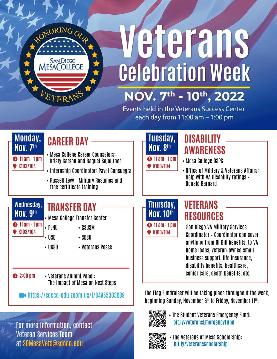 HAPPENING NOW!
Veterans Celebration Week 2022
A full week of events to celebrate our veteran, retired, and active duty military members
Events are held in the Veterans Success Center (K103/104) each day from 11:00am-1:00pm
<a href="/sdmesacollege/">SanDiegoMesaCollege</a> 
@sdmesavets 
<a href="/SDMesaSVO/">SDMesaSVO</a>