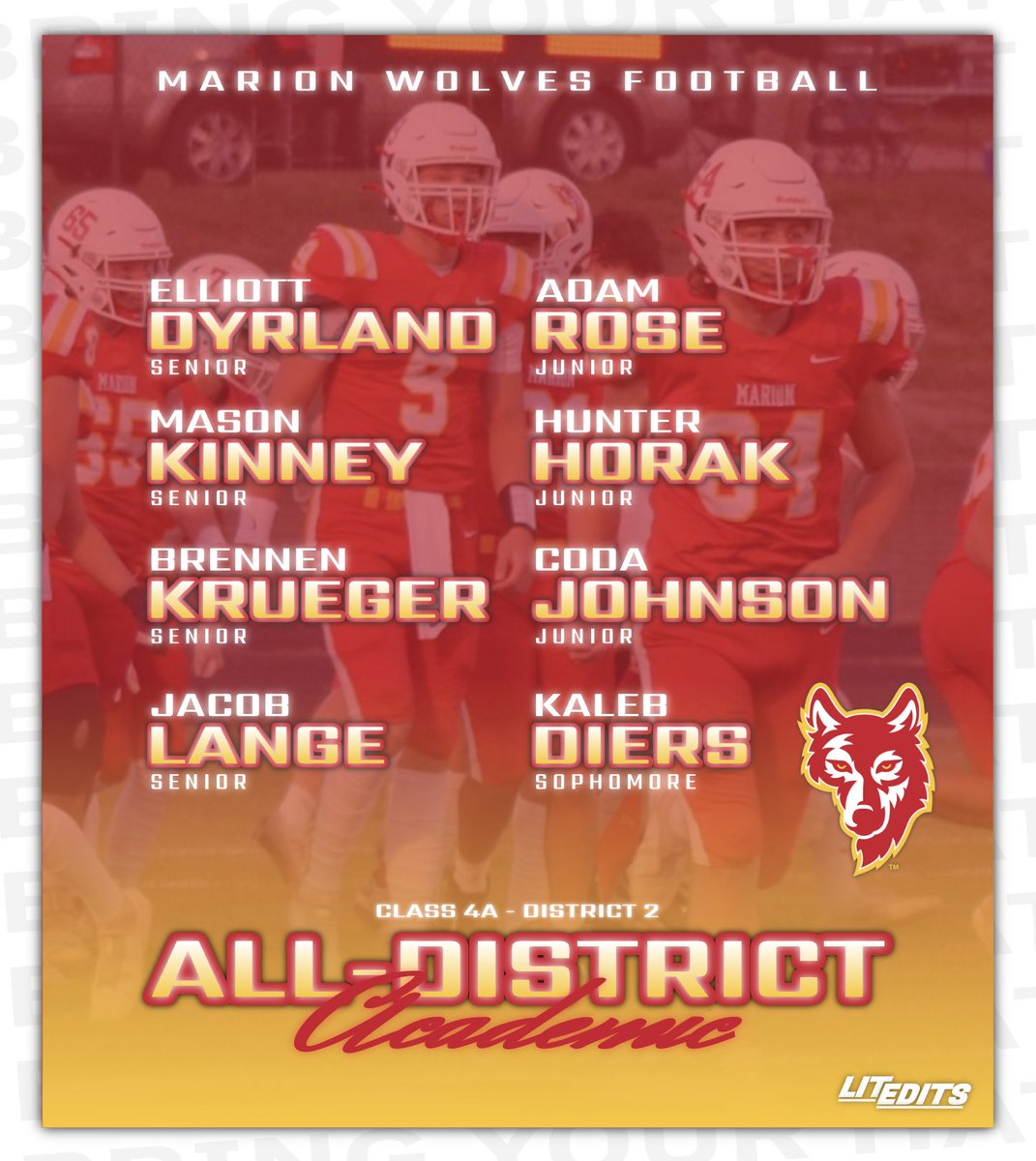 Not to be overshadowed are the Varsity starters who put in the work in the classroom as well earning a 3.5 or better GPA during the first term. 

Members of the Academic All-District Team