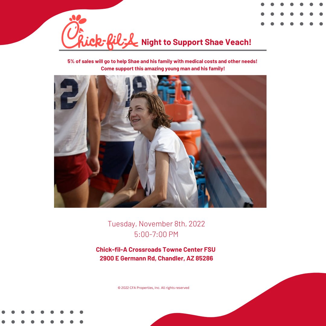 Join us in supporting Commander Veach's son Shae. Chic-fil-A is donating 5% of sales to help Shae with medical costs. Have dinner tomorrow at the Crossroads Chic-fil-A and learn more about Shae's story here cronkitenews.azpbs.org/2022/09/15/sha…. #LoveChandler
