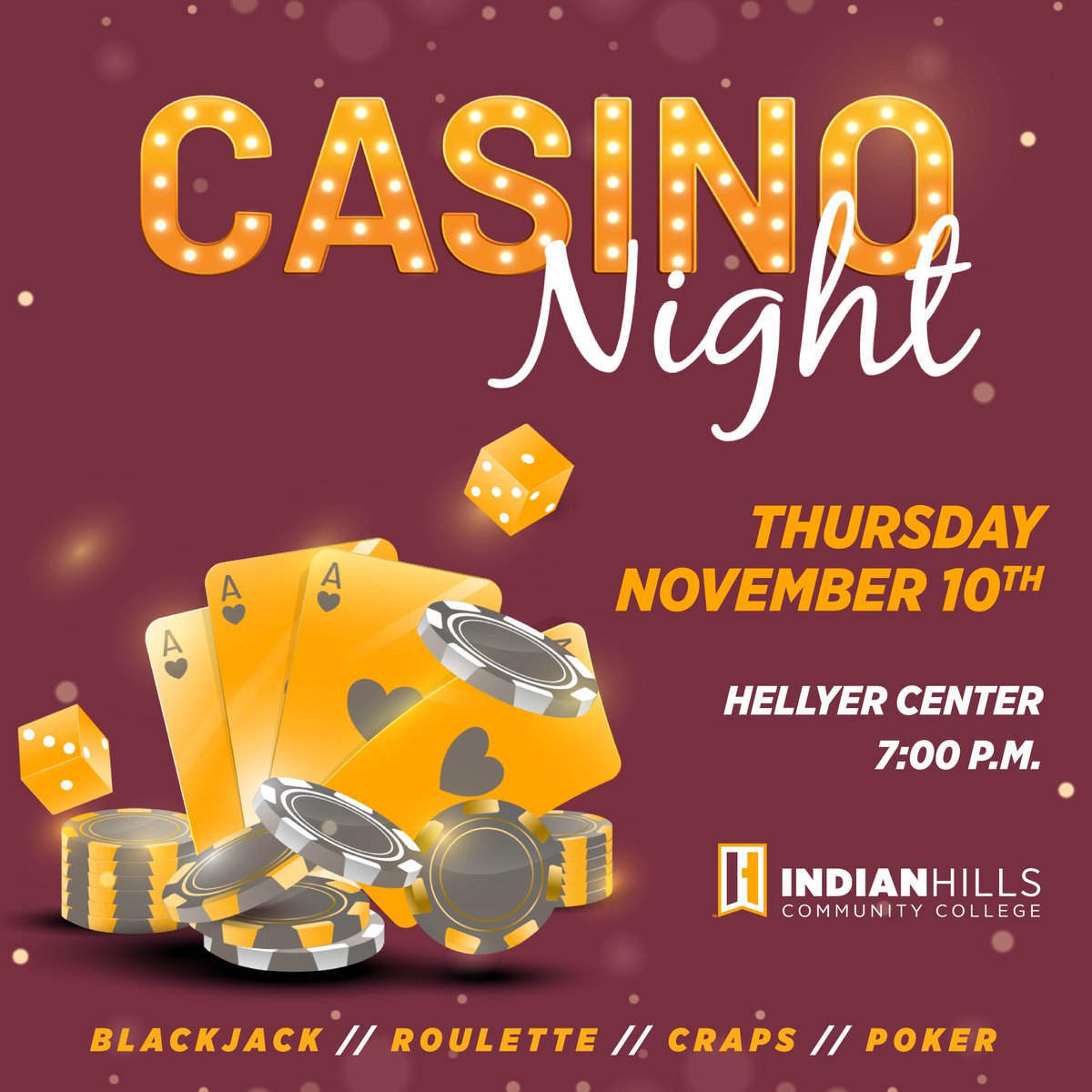 ihcc_students's tweet photo. This coming Thursday evening the 10th, we will be hosting a Casino Night in the Hellyer Student Life Center beginning at 7:00p.m.!  Come for a fun filled night and test your luck with many casino games available &amp; tons of prizes up for grabs!! https://t.co/ZfaxY7dgCL