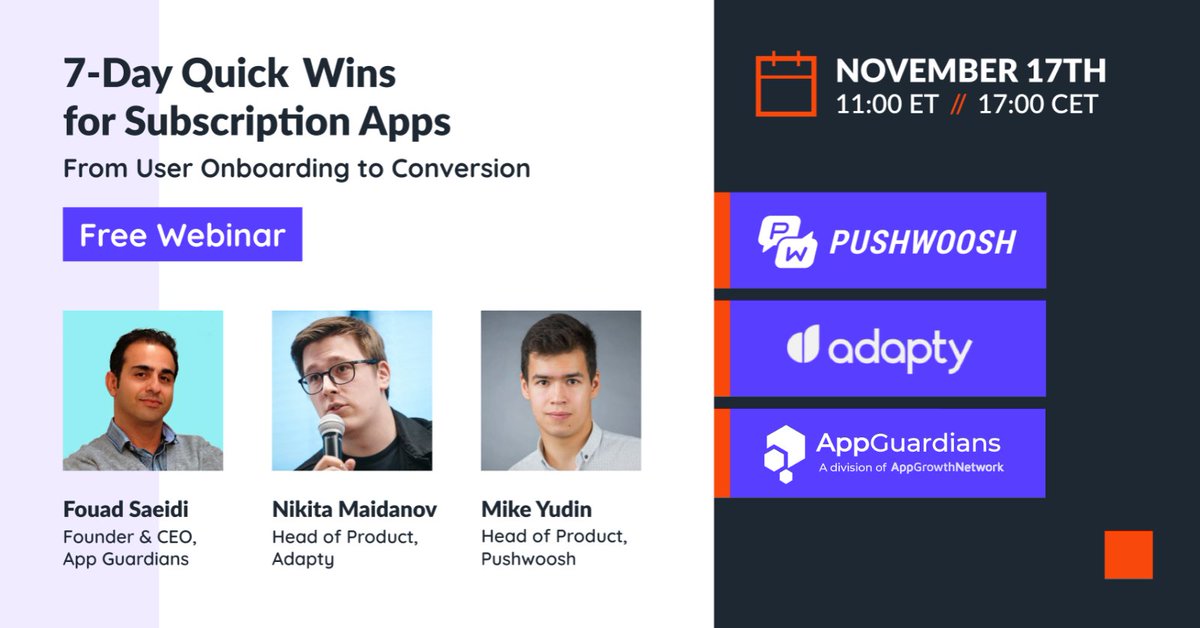 App_Growth's tweet photo. We’re excited to announce that we’re collaborating with @Pushwoosh and @adapty for an insightful LIVE #webinar on Thursday, November 17th at 11:00 ET / 17:00 CET. 
If you’re in the business of #subscriptionapps, you don’t want to miss it. Register now!
https://t.co/rt82jmgN26 https://t.co/JsBxPBNSfb