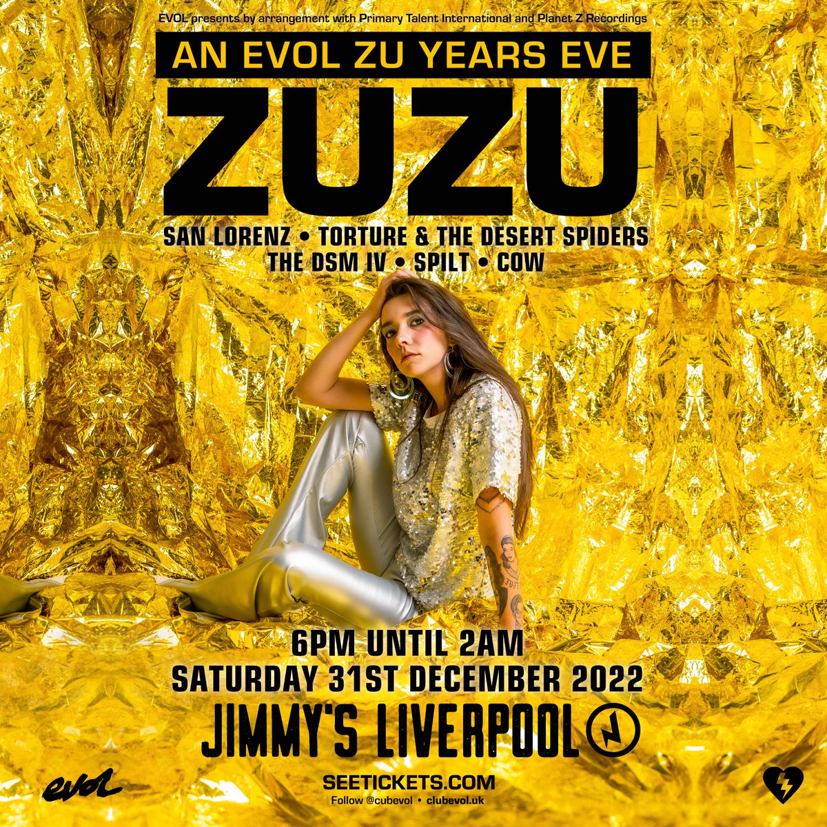 Not got plans for New Year's Eve? Want some live music as part of your celebrations? EVOL's got you covered. Superstar @thisiszuzu heads up our huge @JimmysLiverpool party alongside @sanlorenzband, @Torture_TDSBand, @THEDSMIV, @SPILTBAND & COW. Tickets: seetickets.com/event/zuzu/jim…