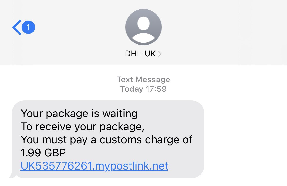 granttiller's tweet photo. @DHLParcelUK @dhlexpressuk don’t know if you guys are aware of this fraudulent SMS text message going round, but it’s pretty convincing when you hit the site. https://t.co/uWiGbP1bPE