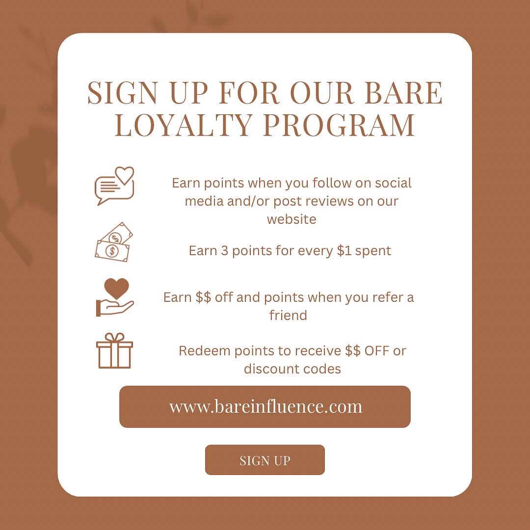 BareInfluence's tweet image. Officially Introducing Our Bare Loyalty Rewards Program! 

We are so excited to announce that you can now start earning points when you show various acts of support to our brand! Start earning points today and later redeem them to earn $$ OFF or to recieve discount codes! 🤎