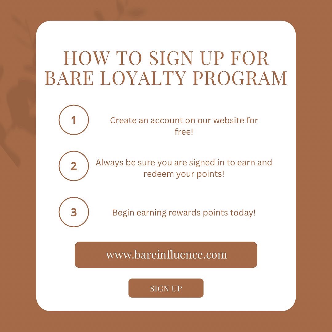 BareInfluence's tweet image. Officially Introducing Our Bare Loyalty Rewards Program! 

We are so excited to announce that you can now start earning points when you show various acts of support to our brand! Start earning points today and later redeem them to earn $$ OFF or to recieve discount codes! 🤎