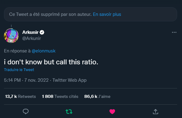 a6doff's tweet photo. A french dude ratioed Elon Musk.
Elon Musk deleted his tweet right after https://t.co/ZjN66f5r8d