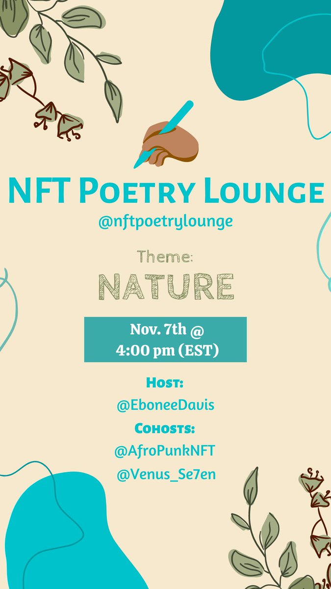 The <a href="/nftpoetrylounge/">NFTPoetryLounge.ETH</a> with <a href="/EboneeDavis/">Ebonee Davis</a>, myself, and <a href="/AfroPunkNFT/">AfroPunk *MINTING NOW*</a>  is back again today at 4 pm (EST)! Poets, bring your verses and join us in a dialogue about nature or anything you have on your heart to share.  💚🙏🏾 #WritingCommnunity
#poetrycommunity
x.com/i/spaces/1Yqxo…