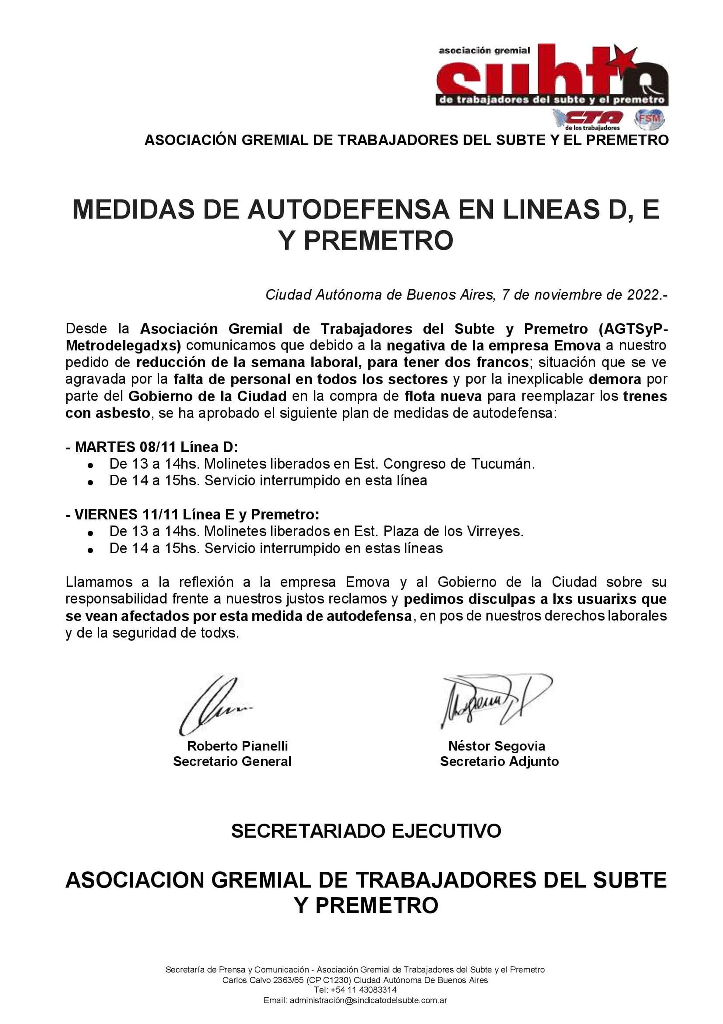 Prensa AGTSyP on Twitter: "⚠️ MEDIDAS DE AUTODEFENSA EN LINEAS D, E Y  PREMETRO Desde la Asociación Gremial de Trabajadores del Subte y Premetro  (#AGTSyP- #Metrodelegadxs) comunicamos que debido a la negativa de la  empresa ...