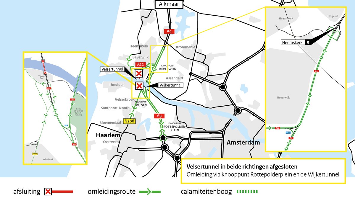 RWS_WNN's tweet photo. Dit weekend, vrijdag 20u t/m maandag 5u, is de Velsertunnel #A22 in beide richtingen dicht. We combineren diverse werkzaamheden in en rond de tunnel. Verkeer wordt omgeleid maar moet op drukke momenten rekening houden met ongeveer 30 min. extra reistijd. https://t.co/z0jx6CS8Mm https://t.co/HEa7qEordi