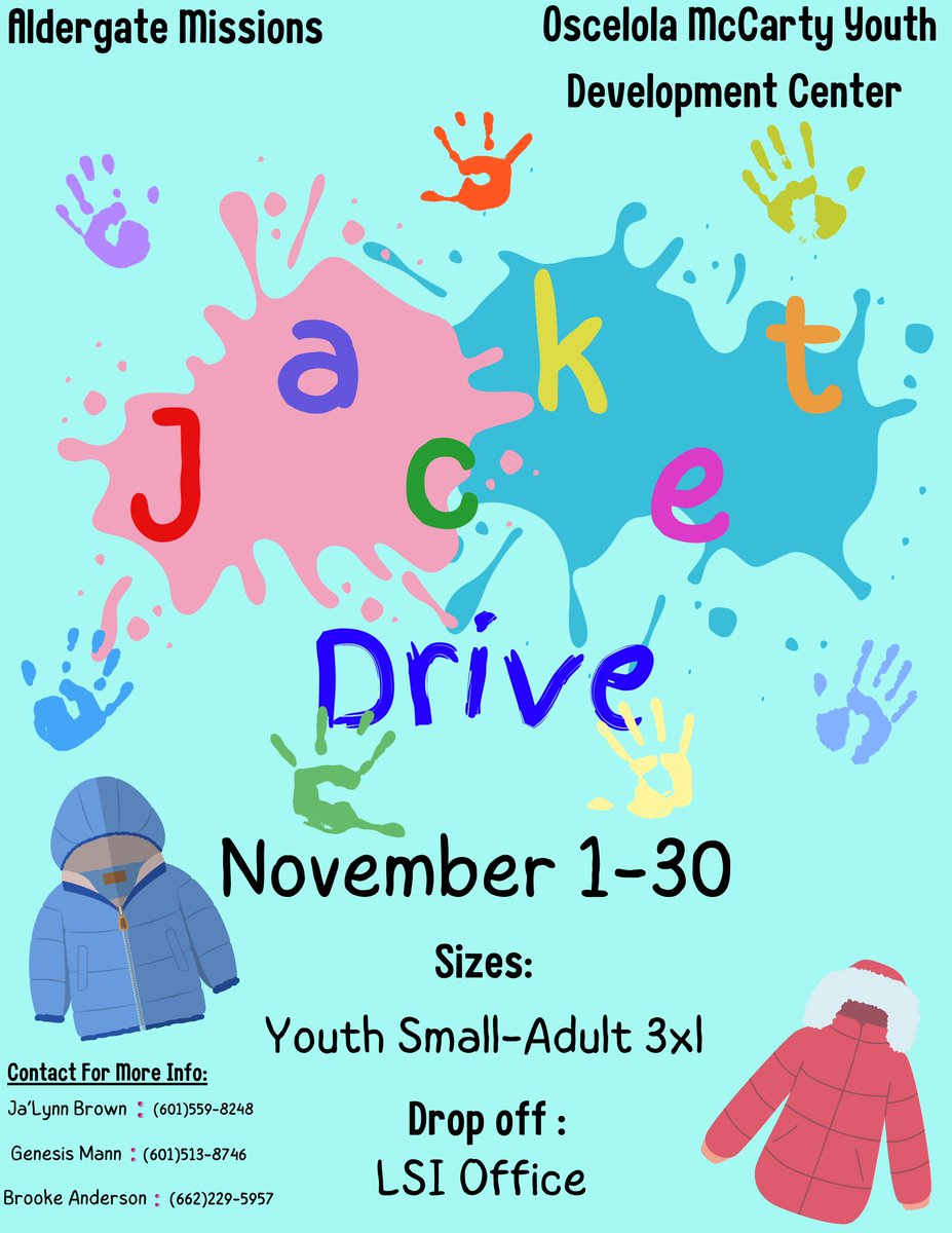 Hey Twitter! Brooke Anderson, Genesis Mann, and I are hosting a Jacket drive for the nearby youth centers here in Hattiesburg. The drive will be taken place from November 1st-30th. Any monetary donations are always appreciated and jackets can be dropped off in a box at the LSI
