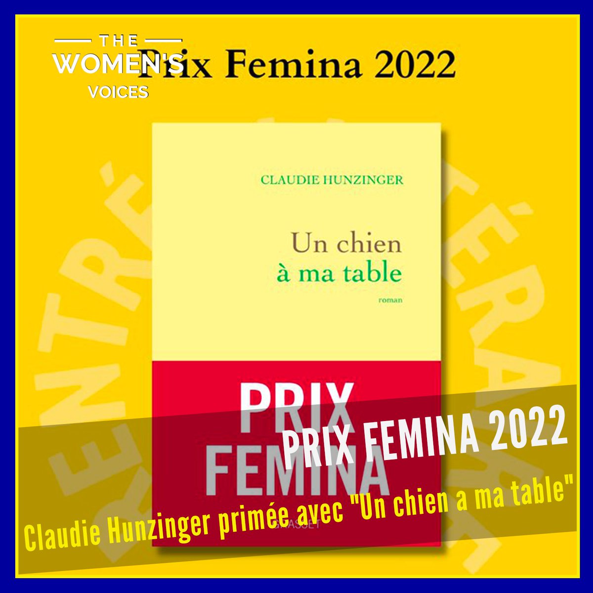 L'artiste et romancière #ClaudieHunzinger remporte le #PrixFemina avec 'Un chien à ma table'. A 82 ans, l'auteure signe un roman féminin et touchant suivant l'arrivée d'une jeune chienne blessée dans un vieux couple passionné par la nature.

@EditionsGrasset
@Gallimard
#roman