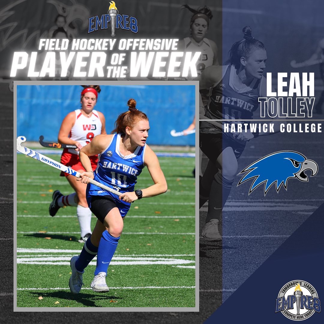 Empire8's tweet photo. Congrats to the #E8 Field Hockey Offensive Player of the Week Leah Tolley @HawkTalk @hartwickFH Tolley was named 2022 Empire 8 Field Hockey Championship Tournament Most Valuable Player after scoring three goals in two games to lead Hartwick to the league title over the weekend! https://t.co/XEtME55Y79
