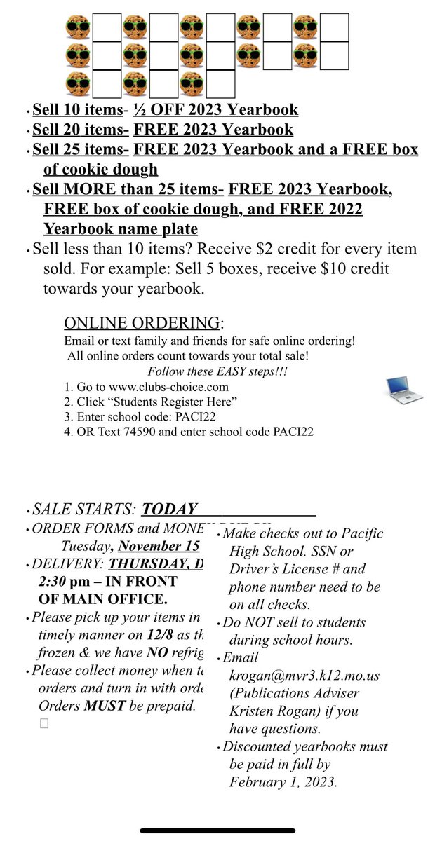 PHS_Warrior's tweet photo. Yearbook cookie dough fundraiser kicks off TODAY! Earn your 2023 PHS Warrior yearbook for FREE! If you didn’t receive a form, extras are outside the main office. https://t.co/RM5GtyUK6R