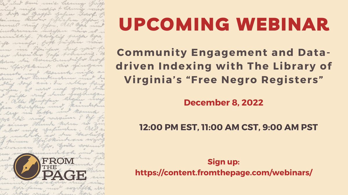 FromThePage (@_fromthepage_) on Twitter photo On Dec 8, join our speakers Sonya Coleman and Lydia Neuroth of <a href="/LibraryofVA/">Library of Virginia</a> they share how they addressed challenges with their Virginia Untold project, as well as their workflows and lessons. The webinar is at 12 PM EST, 11 AM CST, 9 AM PST. Sign up here: content.fromthepage.com/webinars/ On Dec 8, join our speakers Sonya Coleman and Lydia Neuroth of <a href="/LibraryofVA/">Library of Virginia</a> they share how they addressed challenges with their Virginia Untold project, as well as their workflows and lessons. The webinar is at 12 PM EST, 11 AM CST, 9 AM PST. Sign up here: content.fromthepage.com/webinars/