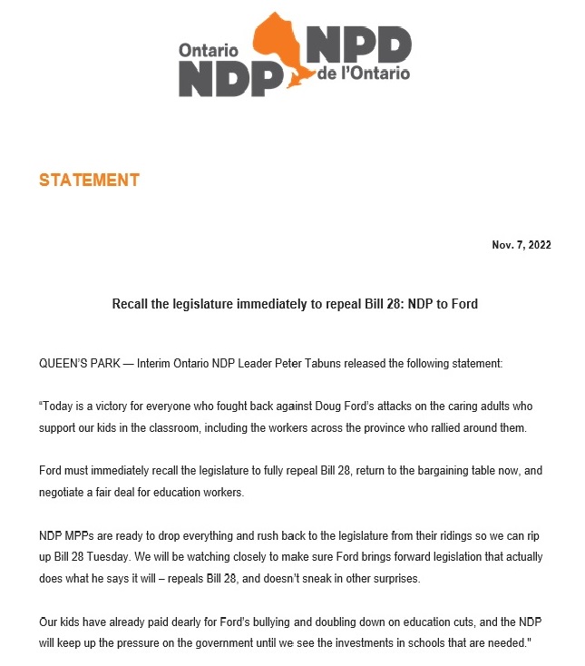 Ford must immediately recall the legislature to fully repeal Bill 28, return to the bargaining table now, and negotiate a fair deal for education workers.