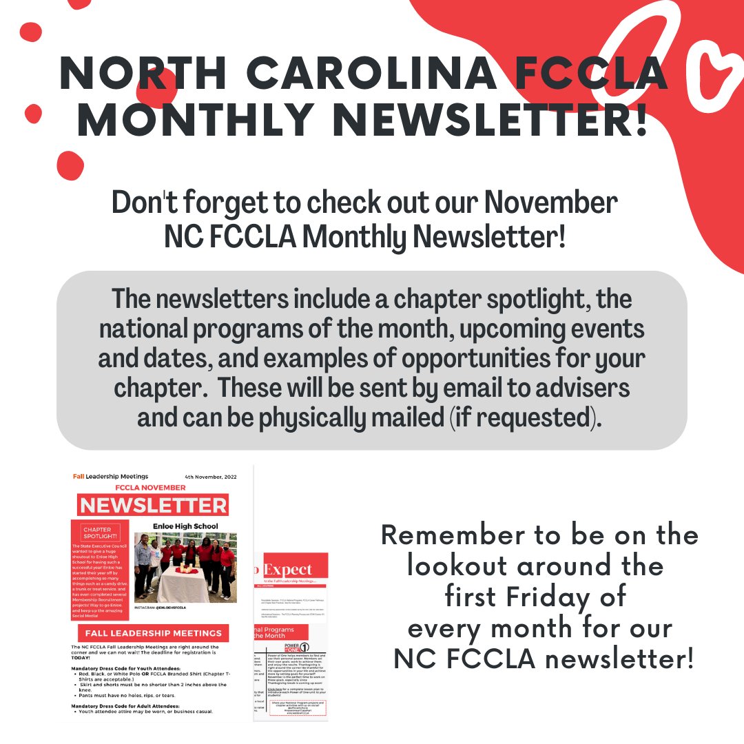 NCFCCLA's tweet photo. Have you seen our November #NCFCCLA Monthly Newsletter? It includes important information and recognizes #incREDible chapters. Newsletters are sent by email to advisers or can be mailed by request. Look for the newsletter around the first Friday of the month! #HaveAHeartTakePart https://t.co/BU2RDrlLMf