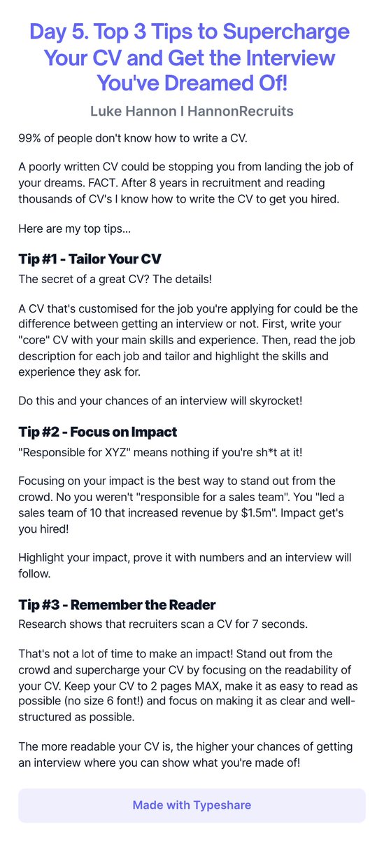 99% of CV's suck!!

Too harsh? Still 99% of people don't know the best way to write a CV and it's holding them back. 

On day 5 of #Ship30for30 I'm showing people the "Top 3 Tips to Supercharge Your CV and Get the Interview You've Dreamed Of!"

Let me know what you think!

#CV