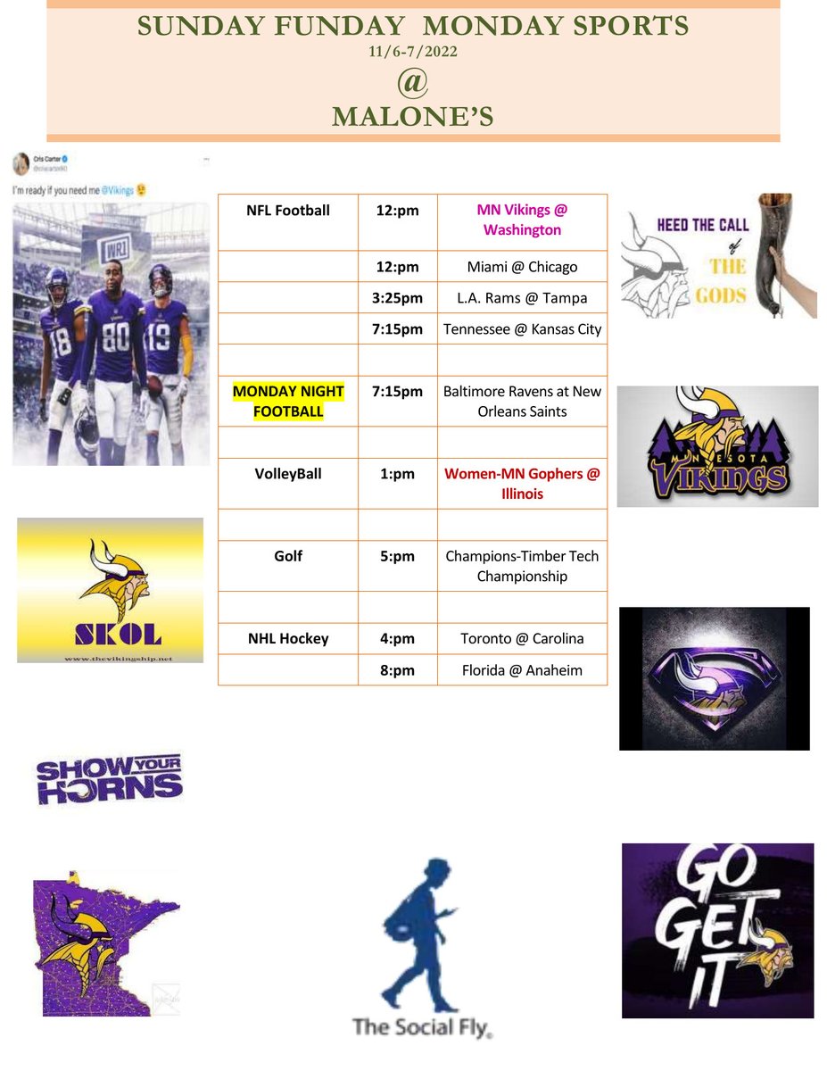 11/5-6 - 𝙎𝙥𝙤𝙧𝙩𝙨 𝙎𝙖𝙩𝙪𝙧𝙙𝙖𝙮 &amp; 𝙎𝙪𝙣𝙙𝙖𝙮 𝙁𝙪𝙣𝙙𝙖𝙮 @ 𝙈𝙖𝙡𝙤𝙣𝙚'𝙨, in Maple Grove: 

CLICK on the image to expand and read! ==> malonesbarandgrill.net 🏈 🏀🏒⚾⛳🌭🍯🍠🍤🍹🍷🍻👍😎
 
#mngophersports #mngopherfootball #collegefootball  #NFL  #mnvikings