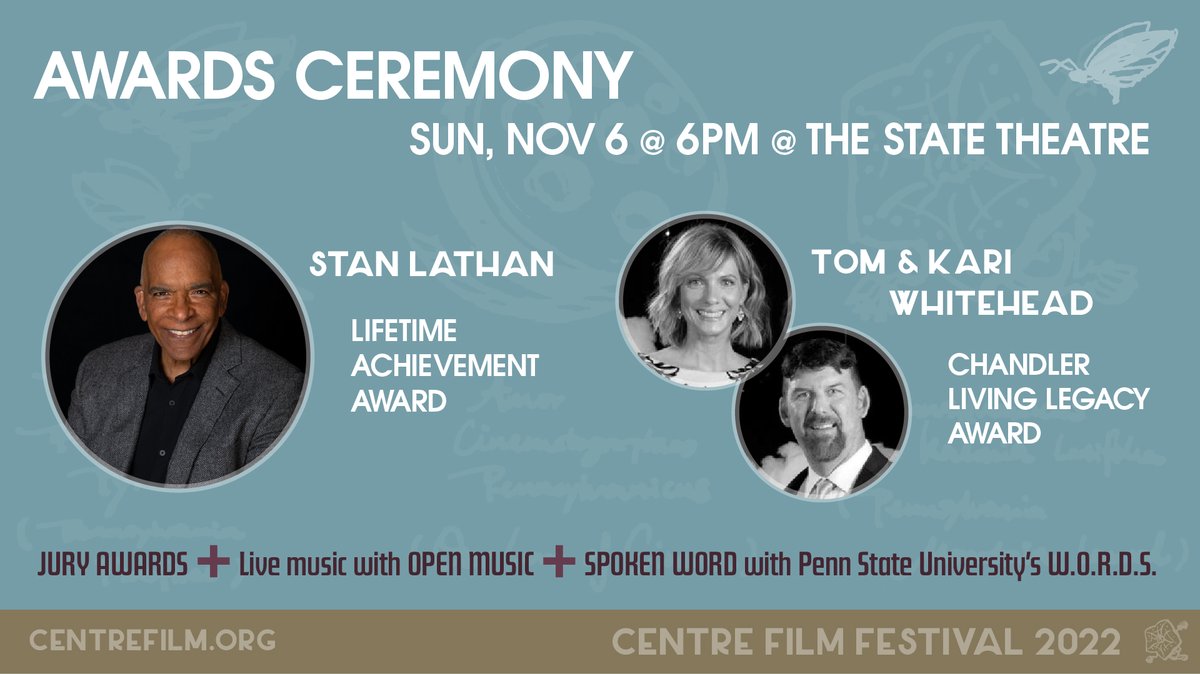CentreFilm's tweet photo. SAVE THE DATE... Join us for the Awards Ceremony @thestatetheatre_pa on Sun, Nov 6, honoring Stan Lathan and Tom &amp; Kari Whitehead, Show up, meet our honorees, and celebrate the award-winning films! @stanlathan @psubellisario  @tomwhitehead05 @wordspennstate https://t.co/kVHVu5jMu5