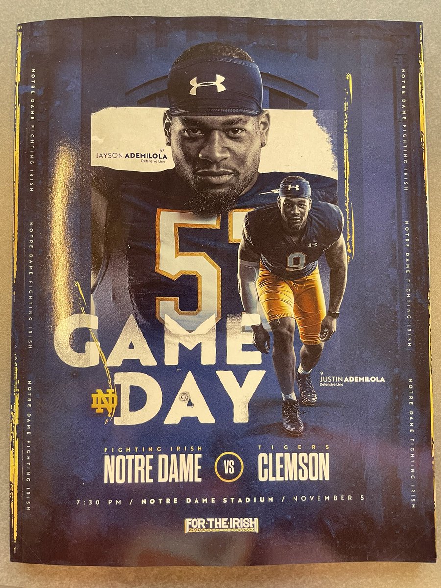 ByKyleKelly's tweet photo. It’s Ademilola day at Notre Dame stadium. 

Jayson and Justin are on the cover of the program for Saturday’s game vs. No. 4 Clemson. https://t.co/DsJIfzDDqj