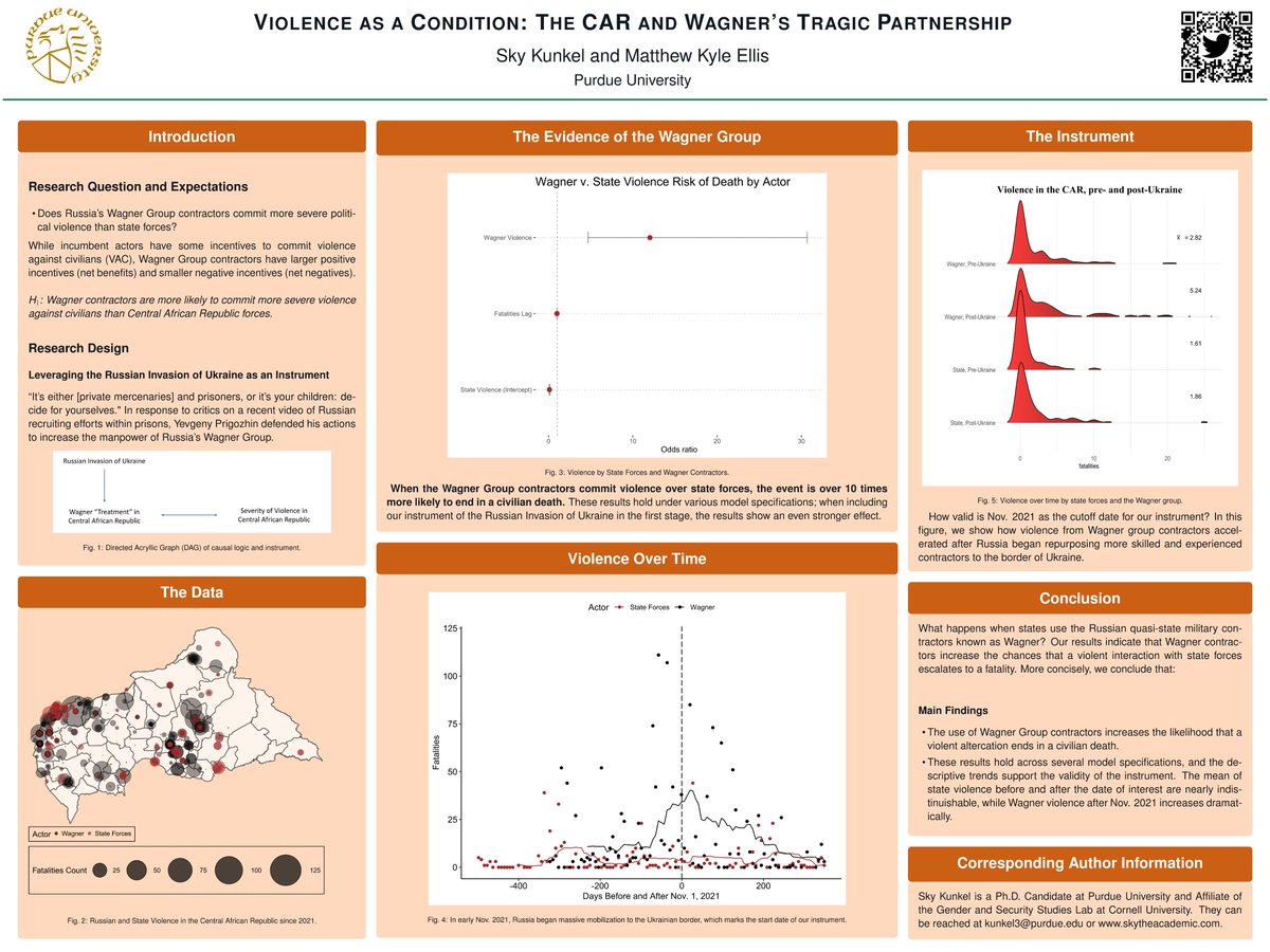 Sky Kunkel (they/them) (@skytheacademic) on Twitter photo Interested in Russia's #WagnerGroup #WagnerPMC & at <a href="/PeaceScienceSoc/">Peace Science Society (International)</a>? Then come check out my poster, where Mattew Kyle Ellis and I use the war in Ukraine as an instrument to measure Wagner's violence. We conclude that Wagner commits more severe political violence than CAR forces. Interested in Russia's #WagnerGroup #WagnerPMC & at <a href="/PeaceScienceSoc/">Peace Science Society (International)</a>? Then come check out my poster, where Mattew Kyle Ellis and I use the war in Ukraine as an instrument to measure Wagner's violence. We conclude that Wagner commits more severe political violence than CAR forces.