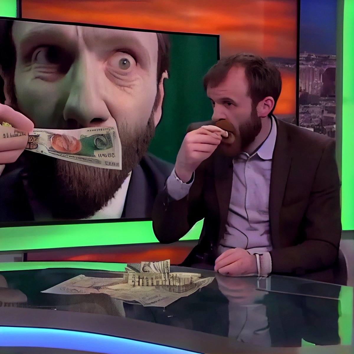 BorgaBlot's tweet photo. Man eats banknotes on live TV 💸🤑
#midjourney #AIart #peerpressure #humanATM #inflationstation #thefedswouldliketohaveawordwithyou https://t.co/r0MCvHfcdp