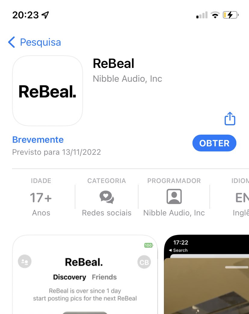Vai sair a app antagónica do BeReal - o ReBeal. Podes publicar quantas ftgs quiseres durante o dia e qnd vem a notificação tens apenas 2 minutos para ver as ftgs do dia dos outros e dps desaparecem para sempre.